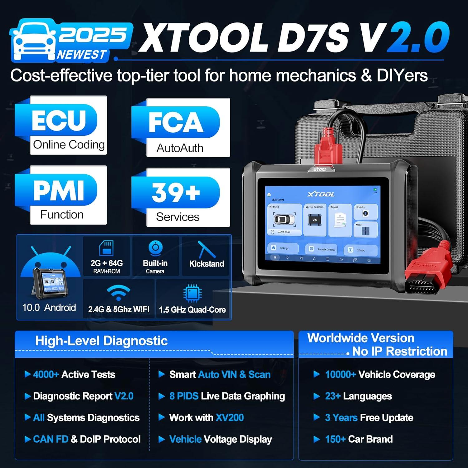 imageXTOOL D7S Bidirectional Scan Tool 2025 OBD2 Scanner Diagnostic Tool with FCA AutoAuth All System Car Scanner 39 Resets ECU Coding PMI Upgrade of D7 Crankshaft Relearn CAN FDDoIP 3Yr Update