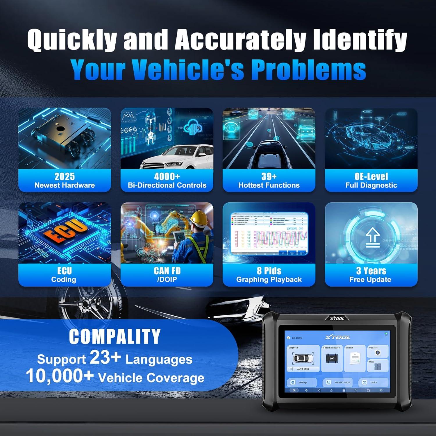 imageXTOOL D7S Bidirectional Scan Tool 2025 OBD2 Scanner Diagnostic Tool with FCA AutoAuth All System Car Scanner 39 Resets ECU Coding PMI Upgrade of D7 Crankshaft Relearn CAN FDDoIP 3Yr Update