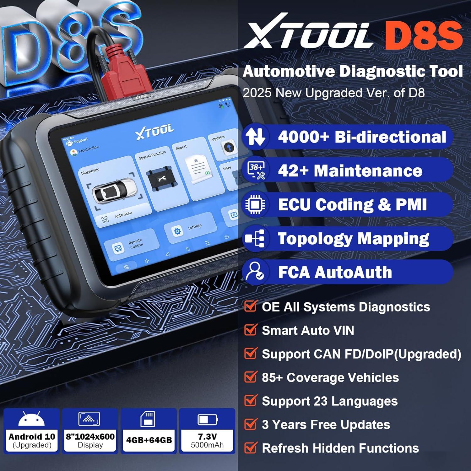 imageXTOOL D8S OBD2 Scanner 2025 Upgrade of D8 Bidirectional Scan Tool with 3Year Update Topology Mapping FCA AutoAuth ECU Coding 42 Resets All Systems Car Scanner Diagnostic Tool CANFDDoIP