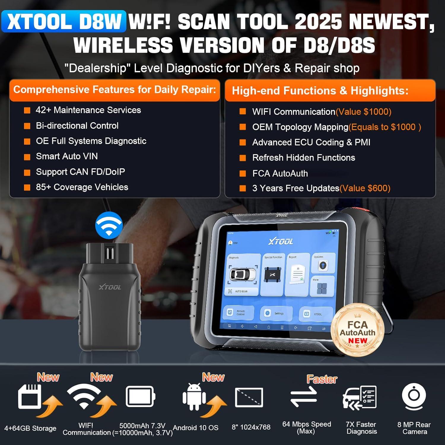 imageXTOOL D8W Wireless Bidirectional Scan Tool 2025 OBD2 Scanner with Topology FCA AutoAuth 3Year Updates ECU Coding PMI 42 Resets Full Diagnostic Scanner for Car Crankshaft Relearn CAN FDDoIP