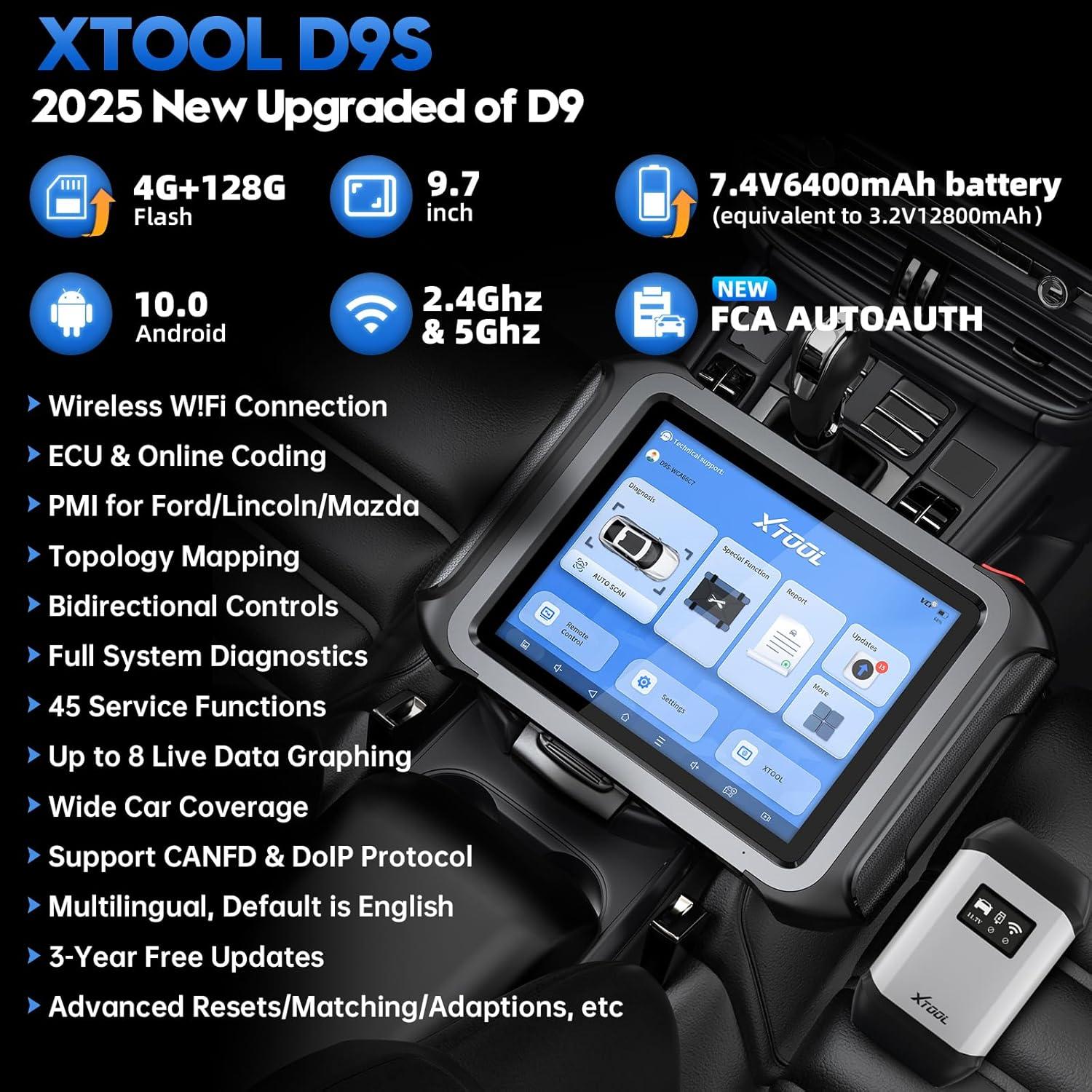imageXTOOL D9S Automotive Diagnostic Tool Wireless OBD2 Scanner with ECU Coding Topology Bidirectional Scan Tool 20 with FCA 45 Resets Full System PMI CAN FDDoIP 3Yr Update