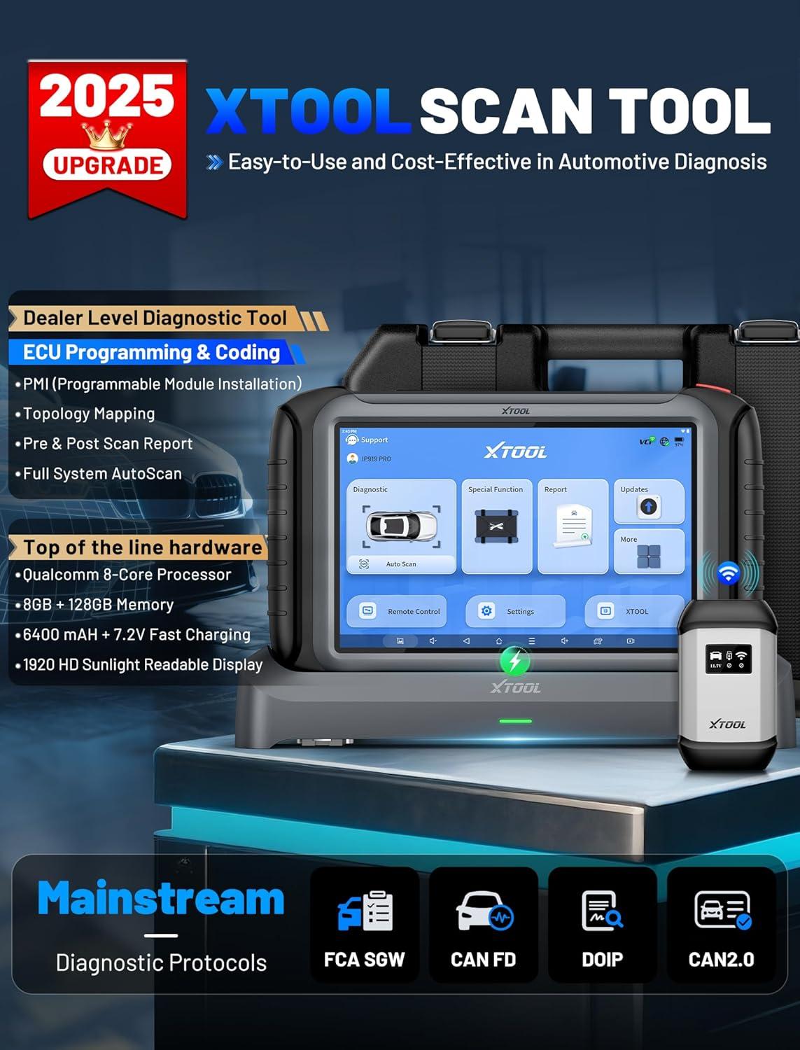 imageXTOOL IP919 PRO Scan Tool ECU Programming Car OBD2 Scanner with Topology Mapping Upgrade of D9S PRO 51 Resets ECU Coding FCACAN FDDoIP Automotive Bidirectional Scan Tool with 3Year Updates